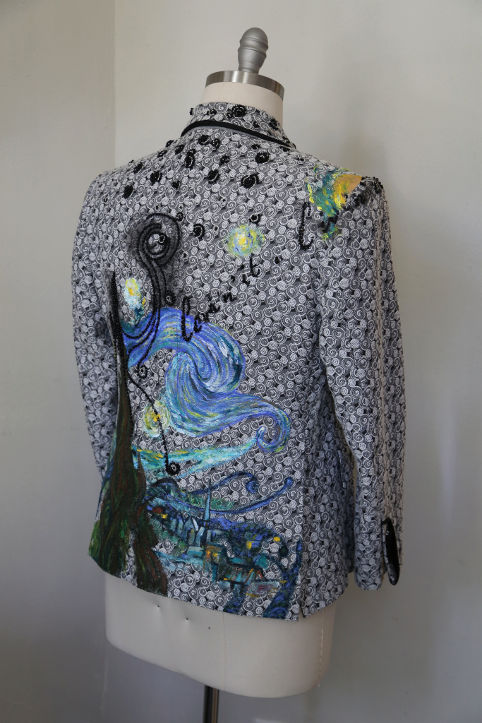 An image depicting a decorated blazer suit jacket, the subject of the article